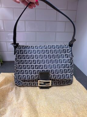 Fendi Zucca Mama Baguette Navy Blue Silver Hardware